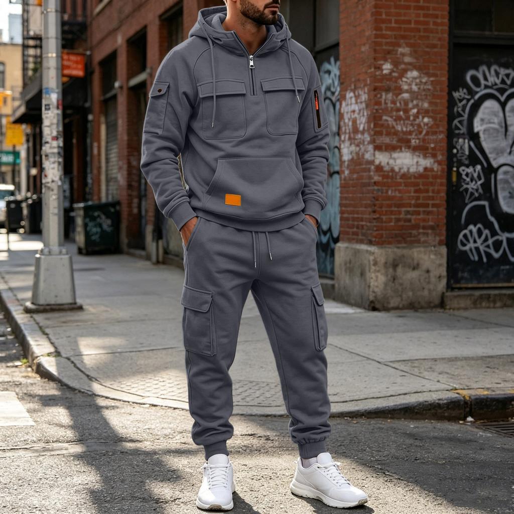Men's Casual Multi-Pocket Set, Hoodie and Jogger Pants Two-Piece Outfit