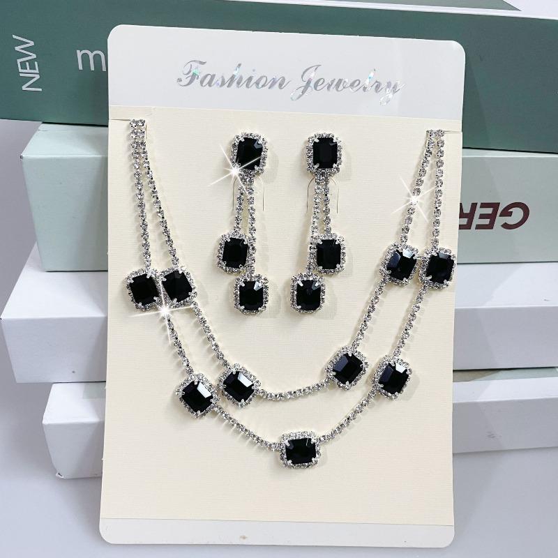 Zircon Square Fringed Earrings, Royal Style Earrings and Necklace, Luxurious Wedding Accessory