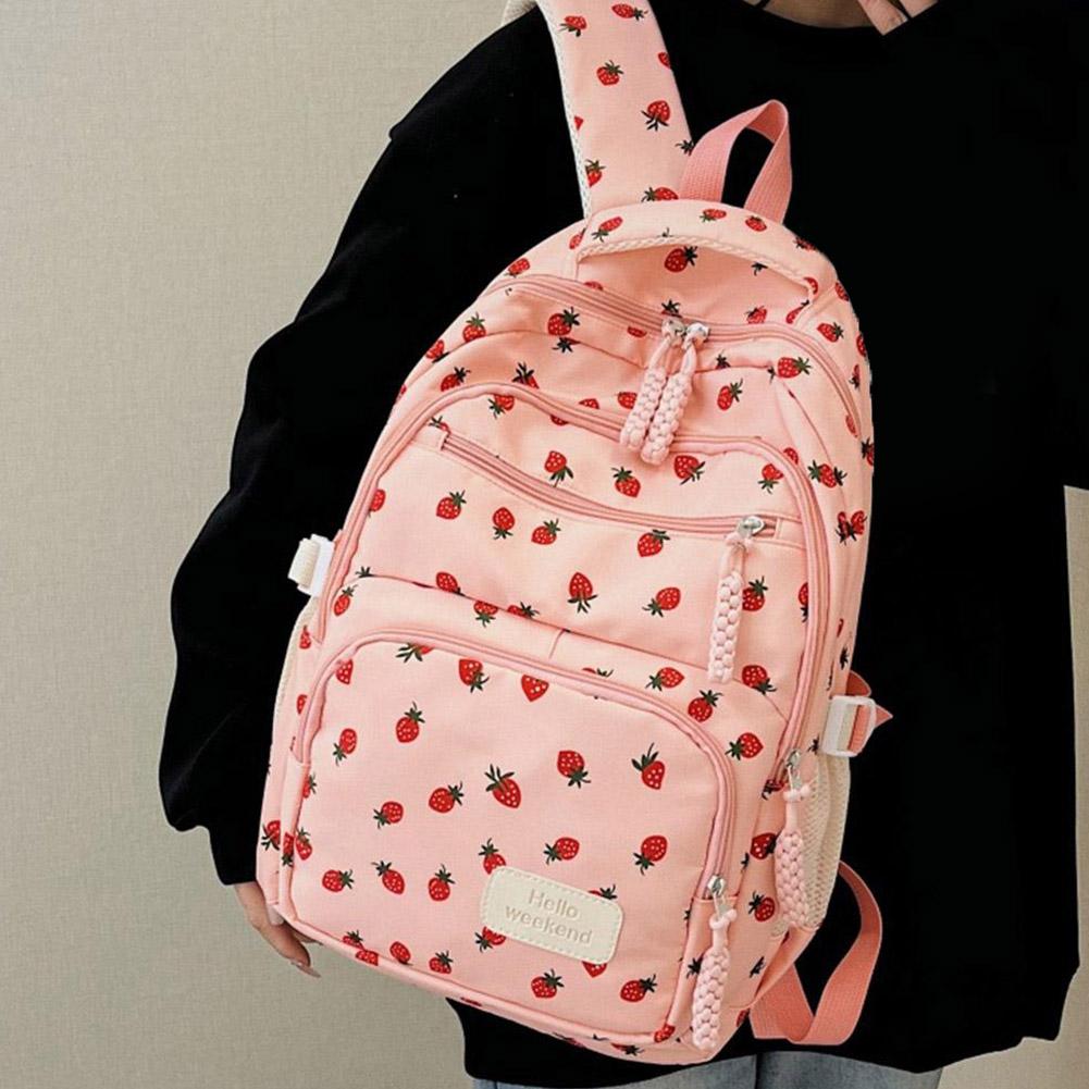 Corduroy Backpack Three Piece Set Strawberry Print Daily Casual Backpack Niche Large Capacity Commuting Light Backpack