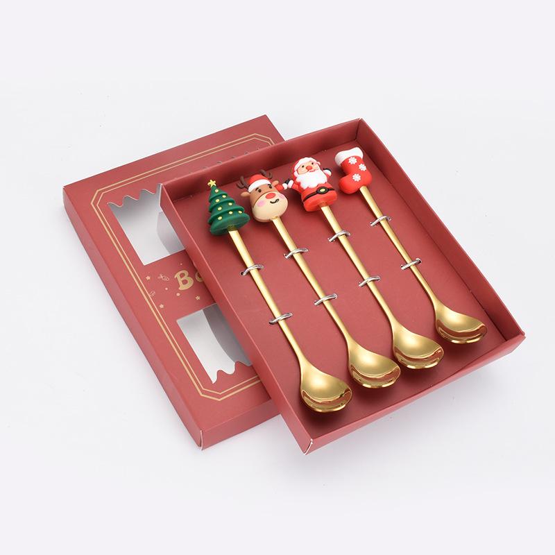 4PCS Christmas Coffee Spoons Christmas Stainless Steel Small Spoon Teaspoons Dessert Spoon New Year Christmas Ornament Tableware