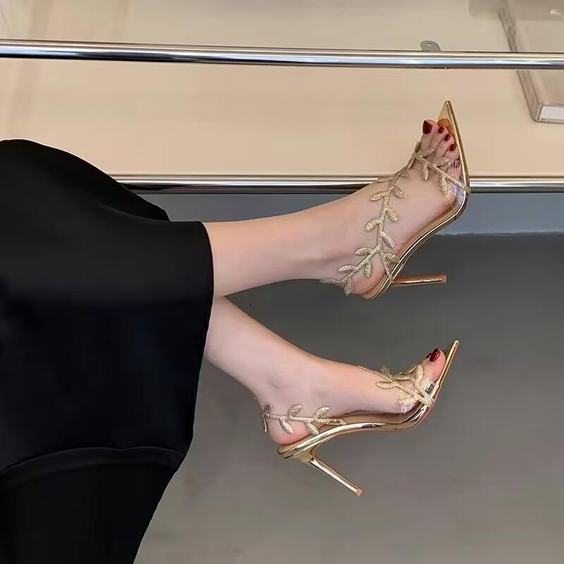 Fashion 2025 Summer New Pointy Gold High Heels Women's Stiletto Leaves Elegant Fairy Sexy Banquet Transparent Sandals