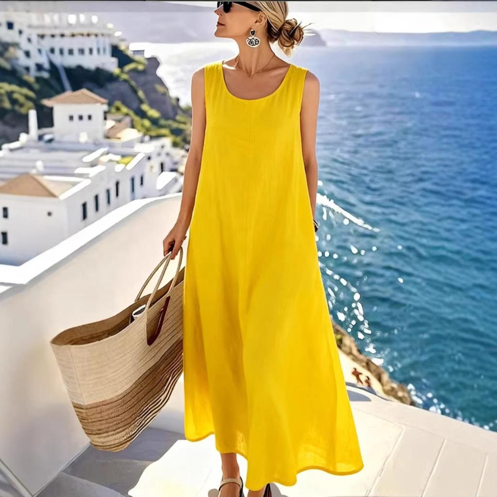 Women Summer Sleeveless Loose Fit Cotton Linen Midi Dress with Crew Neck and Practical Pockets for Casual Daily Wear