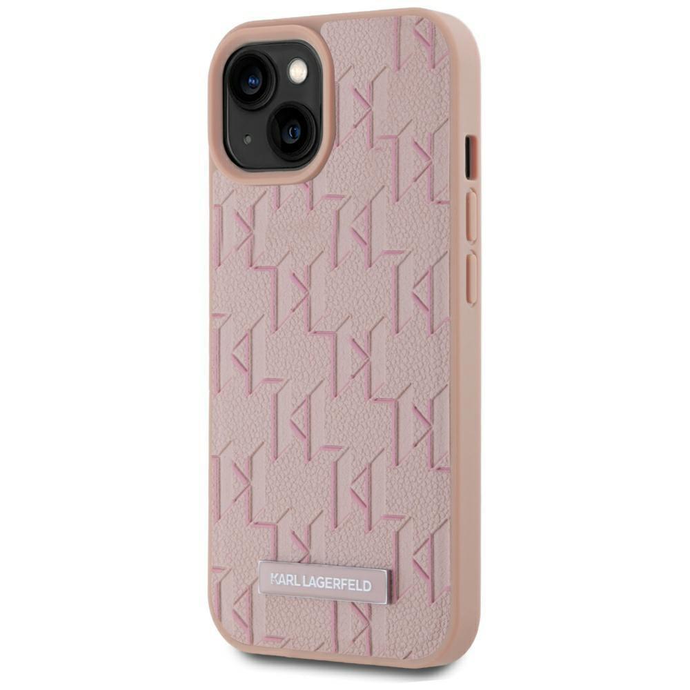 Karl Lagerfeld Leather Monogram Metal Logo MagSafe Case for iPhone 15 Pink