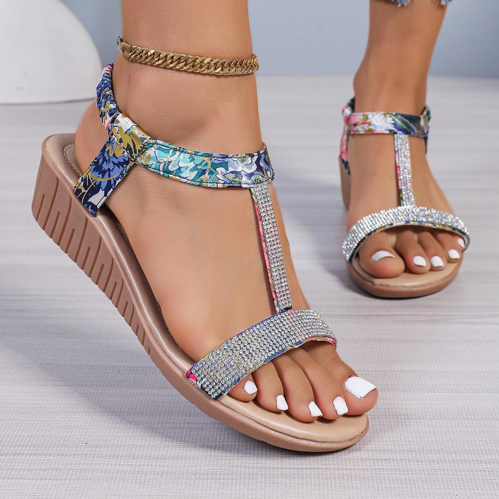 New thick-soled wedge heel rhinestone bohemian women's sandals student casual lightweight beach sandals women