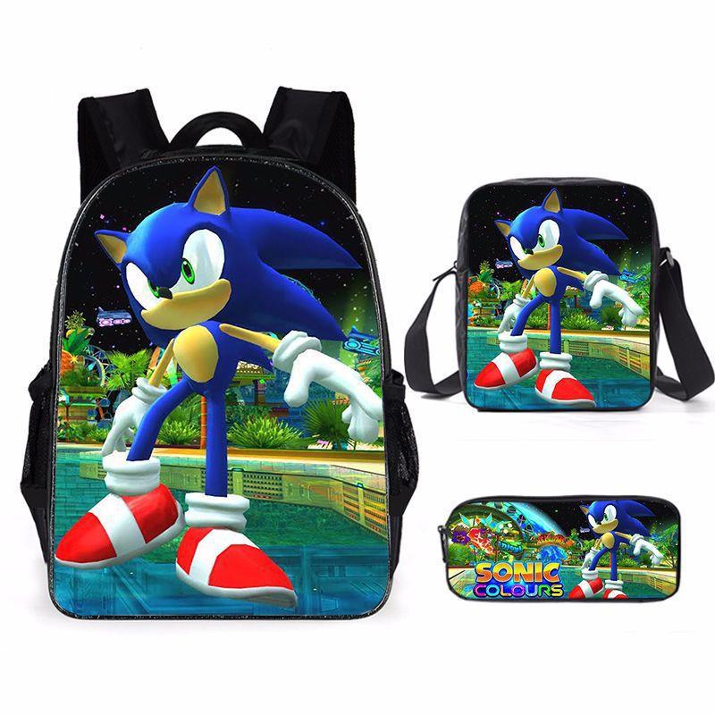 Cartoon Sonic Backpack, Primary And Secondary School Schoolbag, Messenger Bag, Pencil Case Three-Piece Set