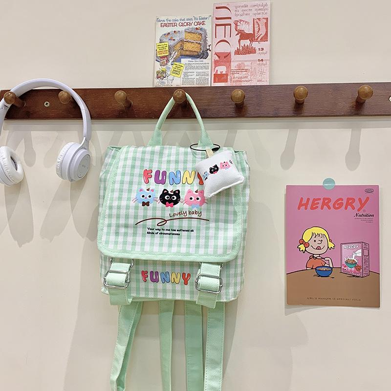 

Cartoon Boys And Girls Backpack Cute Kitten Kindergarten Baby Schoolbag Plaid Children S Backpack зелений