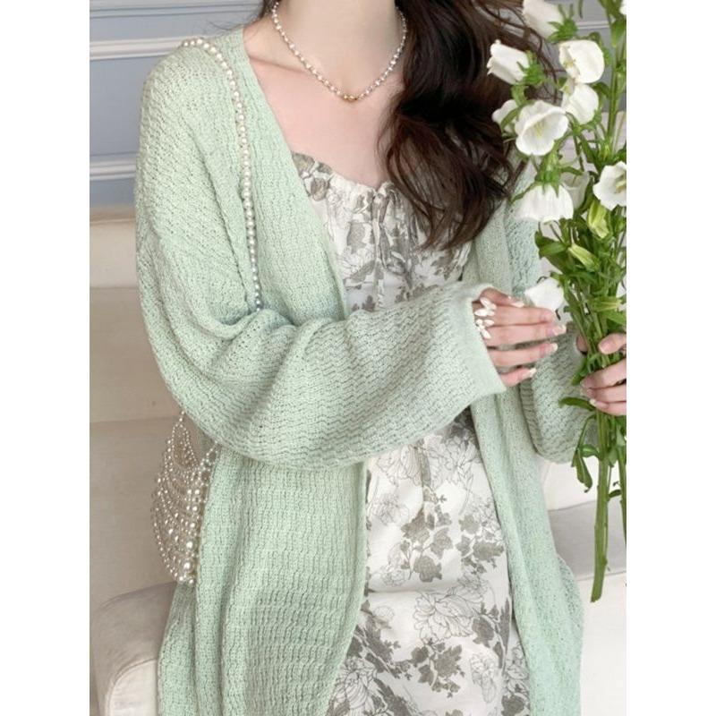 Knitted cardigan women's thin suspender dress, overcoat, autumn with sunscreen shawl, long sweater jacket