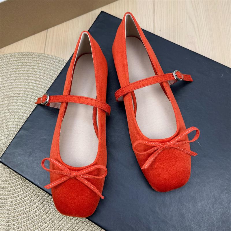 Fashion Flat Shoes for Women Suede Square Toe 2025 Spring and Autumn New Bow Flat Bottom Mary Jane Shoes Plus Size Women's Shoes 43 44