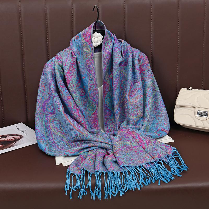 [T788] Winter Warm Thick Ethnic Style Jacquard Scarf Outdoor Women Travel Cashmere Tassel Shawl Neck Wrap Pashmina Retro Floral