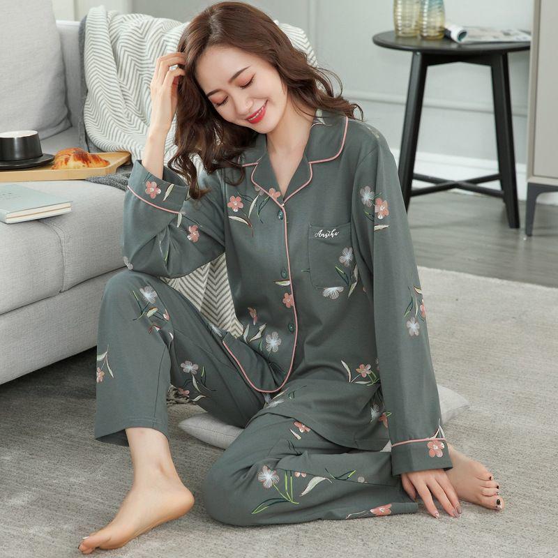 

Женский комплект пижамы большого размера из хлопка - Кардиган с длинным рукавом, Двухпредметный, Идеально подходит для осени/весны XL