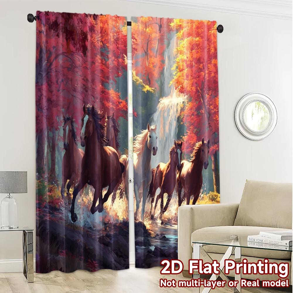 2pcs   2D FLAT PRINTING Curtains (Without Rod) Galloping Horses Chic Window Curtain Versatile Fabric Curtains Decorations For