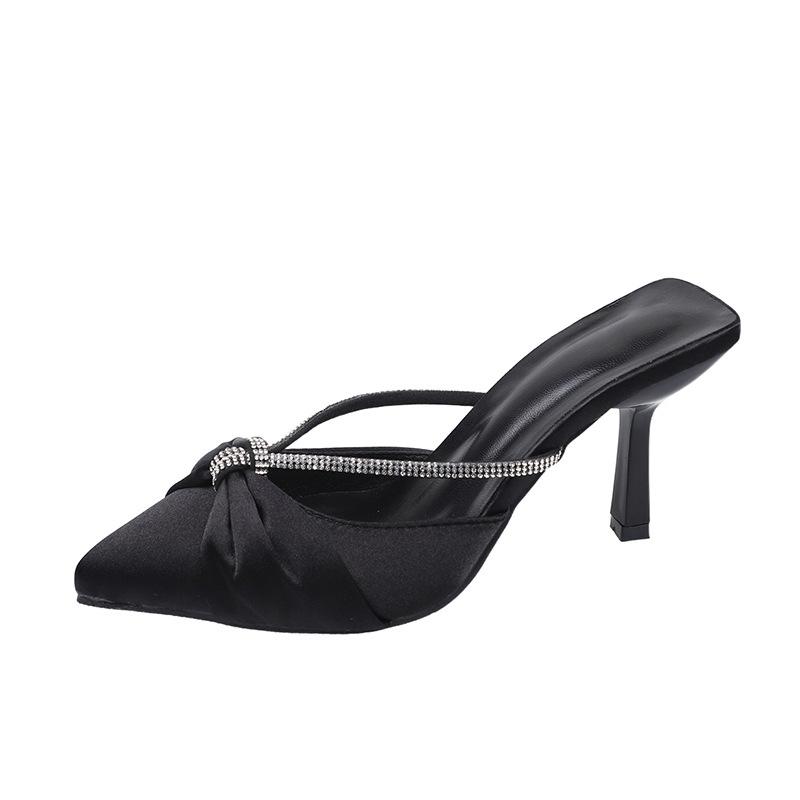 Spring and autumn new fashion pointed pleated rhinestone thin heel half slippers women wear satin high heels