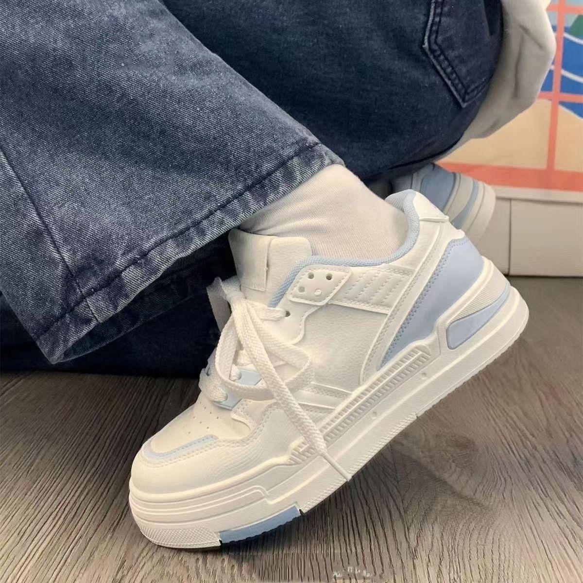 

Корейская версия женской обуви, весенние универсальные дышащие повседневные белые туфли 2024 года, новый нишевый модный дизайн, толстая подошва, туфли прилив 38 светло-синий