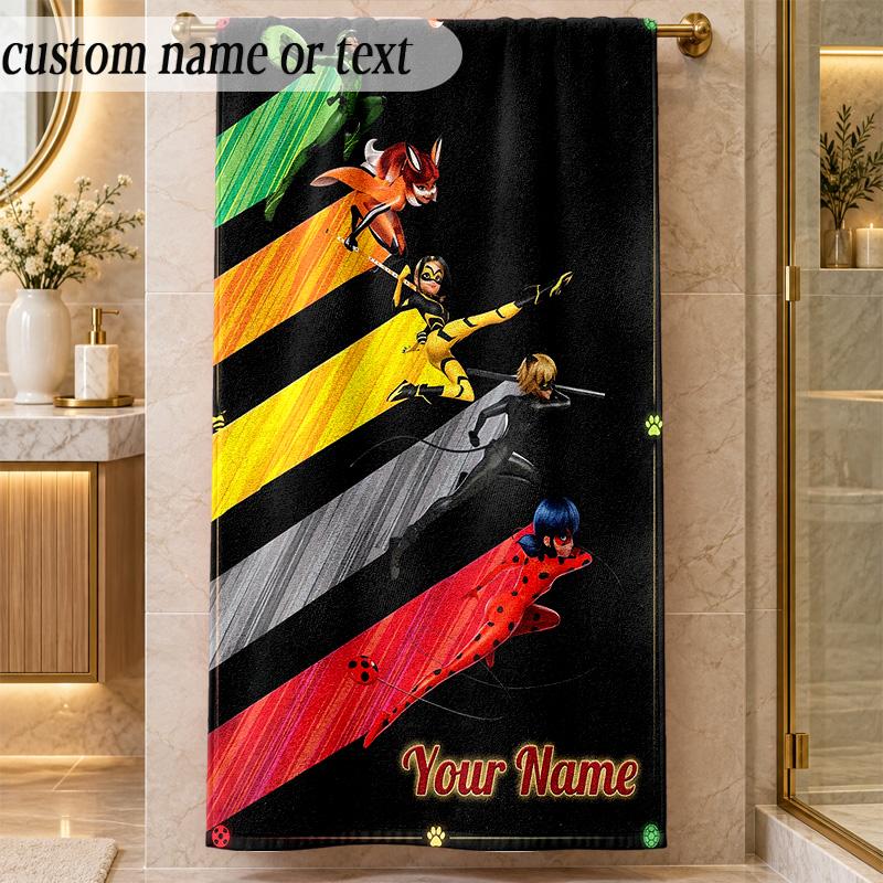 Beach TowelMiraculous Ladybug Custom Name Text Personalized Soft Towel for Beach Pool Indoor Home Decor Gift