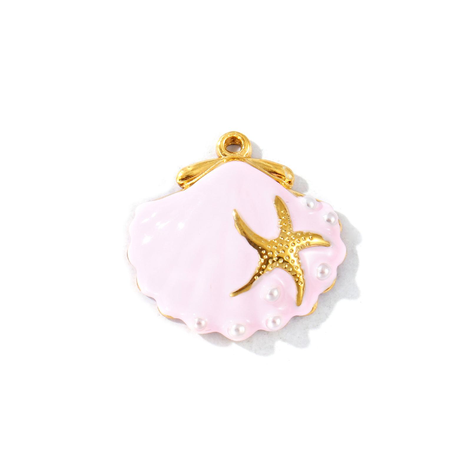 

2 PCS Ocean Charms Enamel Shell Acrylic Imitation Pearl 304 Stainless Steel 18K Gold Plated Pendants For DIY Necklace 21mmx20mm рожевий