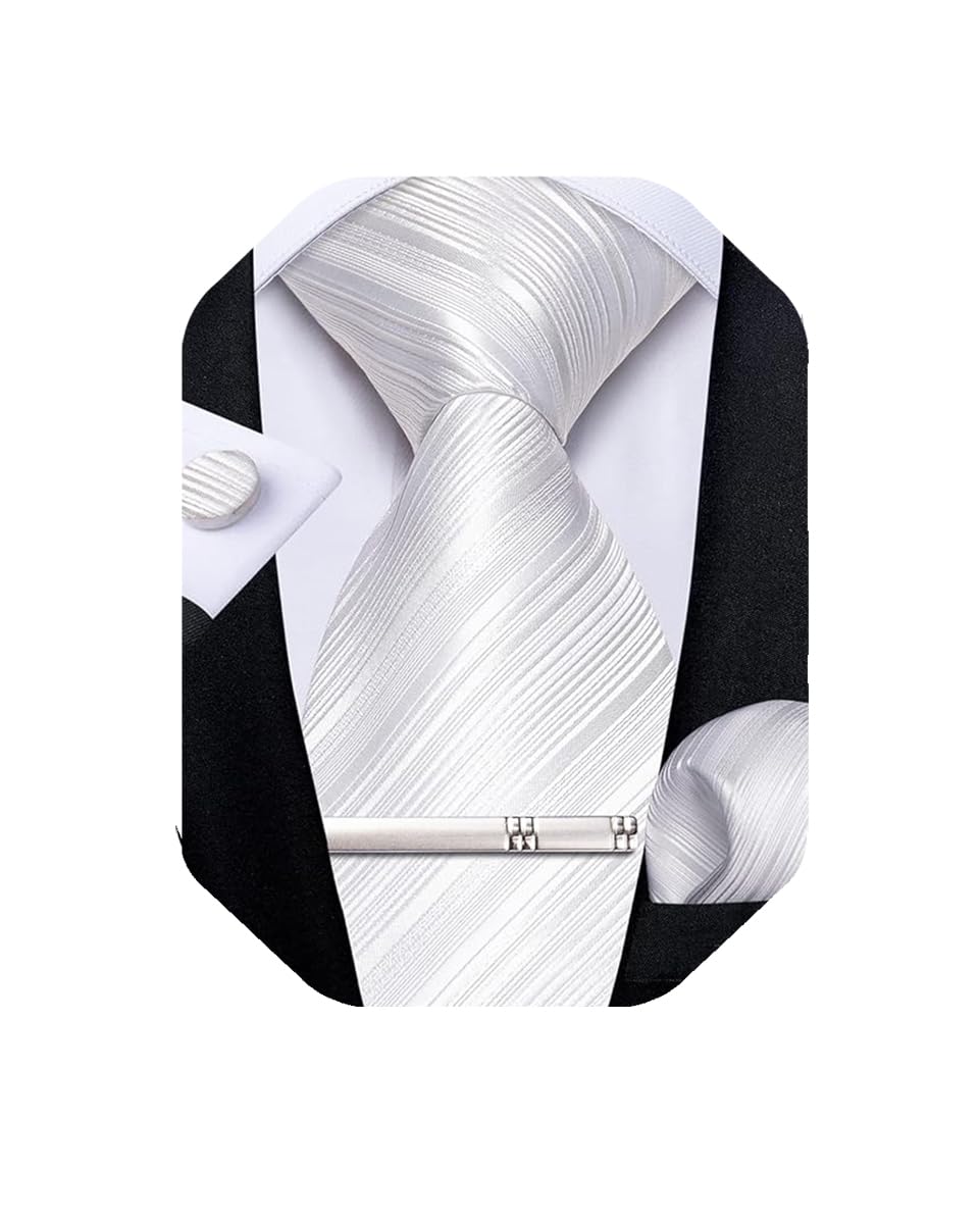 [DiBanGu] White Tie, Wedding, Striped, White Pocket Square, Tie Pin, Business