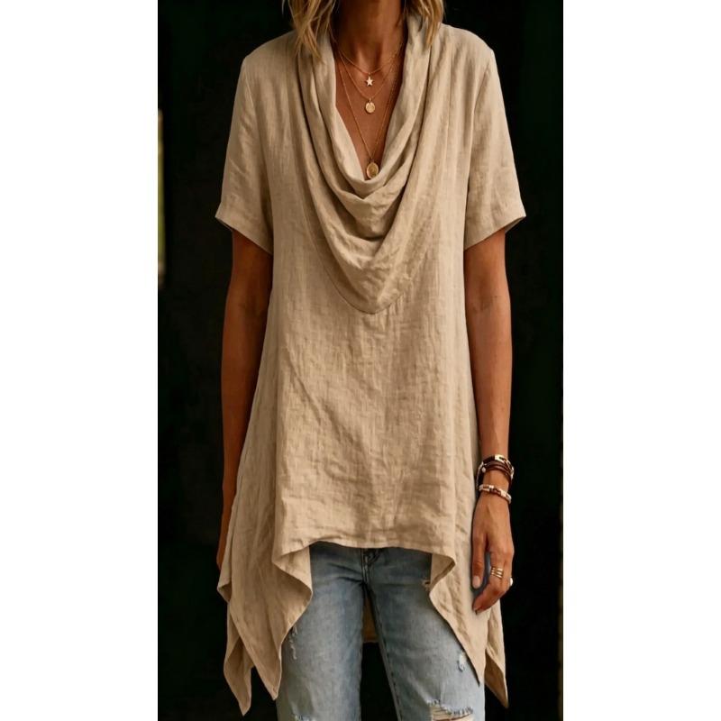Women Casual Loose Cowl Neck Short Sleeve Asymmetric Hem Solid Blouse