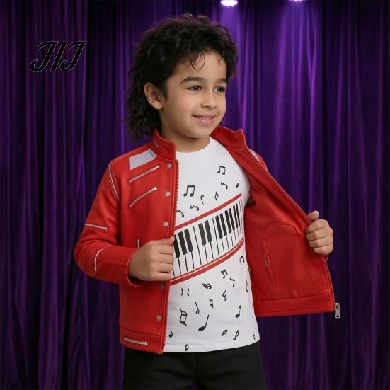 Themenparty Kostüm 1 Set Retro Popstar für Jungen, 80er 90er Star Outfit Musik Thema Halloween Kostüm, Rote Jacke, Hemd und Hose Bühnenauftritt
