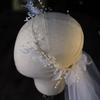 Bridal Veil with Boho Flower Crown One Layer Cut Edge Tulle Petite Beads Decorated Loop Short Veils for Flower Girls