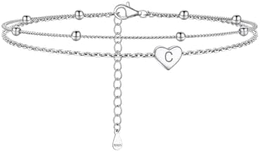 PROSILVER Women's Letter C Ankle Bracelet 925 Silver 22+5cm Double Layer Heart Charm Initial Anklet Summer Beach Jewelry for Women Girls