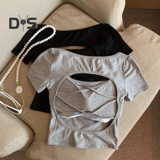 Damen T-Shirt mit quadratischem Kragen, kurzärmelig, mit Hohlkreuz, einfarbig, schmale Passform, kurze Oberteile für den Alltag