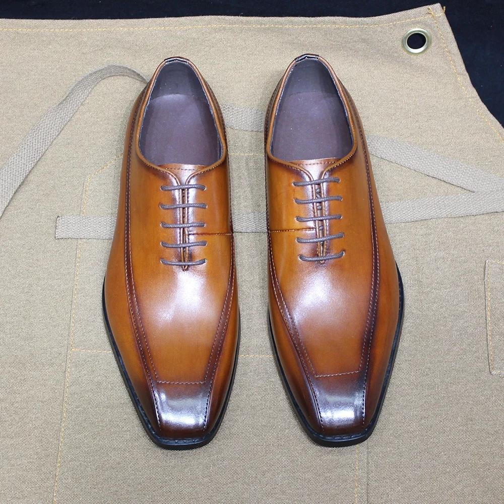 Italian Mens Genuine Leather Oxfords Classic Plain Toe Lace-Up Dress Shoes Handmade for Office Wedding Party Formal Occasions