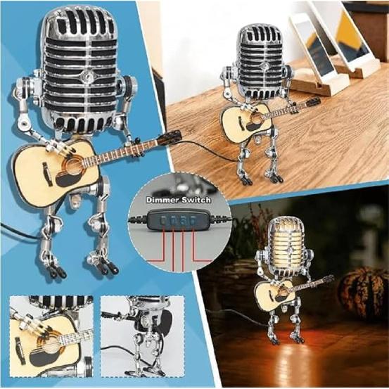 Mic Rockbot, Microphone Desk Lamp, Metal Microphone Mini Guitar Night Light Decoration (Yellow)