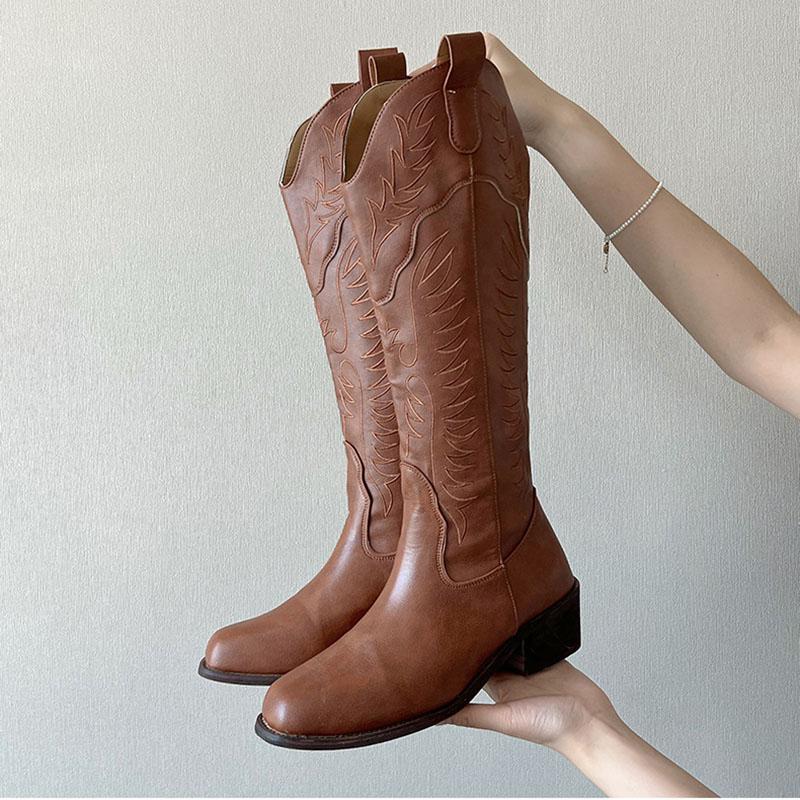Comemore Women Western Boots Women Autumn Chunky Middle Heels Knee High Cowboy Boot Woman Side Zip Square Toe Brown Long Botas