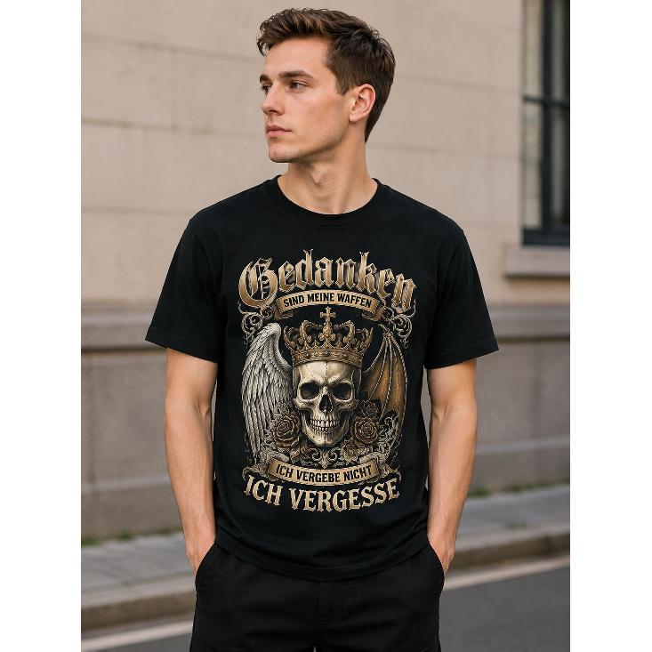 Men's black short-sleeve t-shirt with gothic skull graphic, crew neck, soft cotton feel, bold German text design, ideal for streetwear and casual