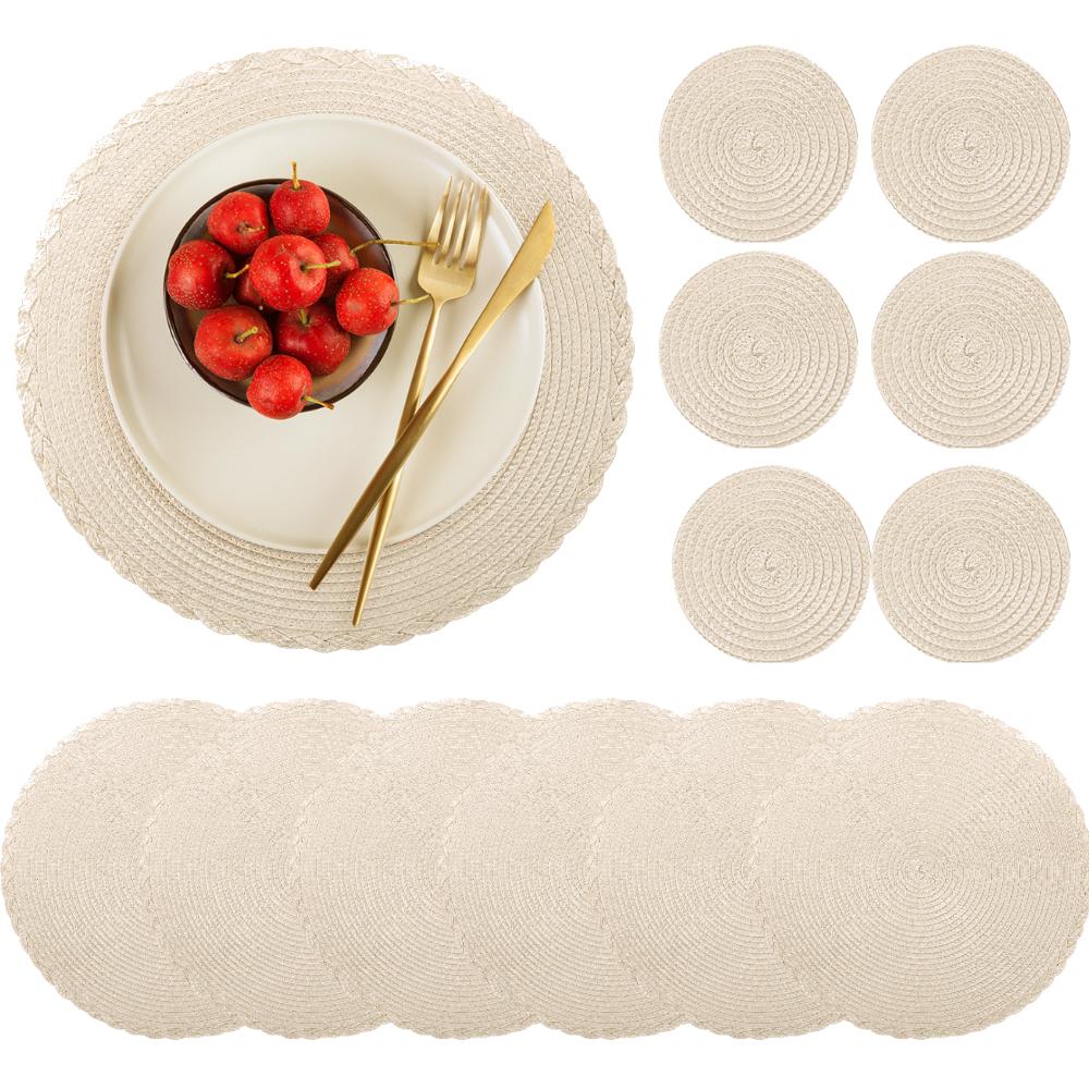 Sets 6 Woven Table Placemats and Coaster 34CM Round Cotton Dinner Table Mats Anti Slip Heat Resistant Easy Clean Place Mats
