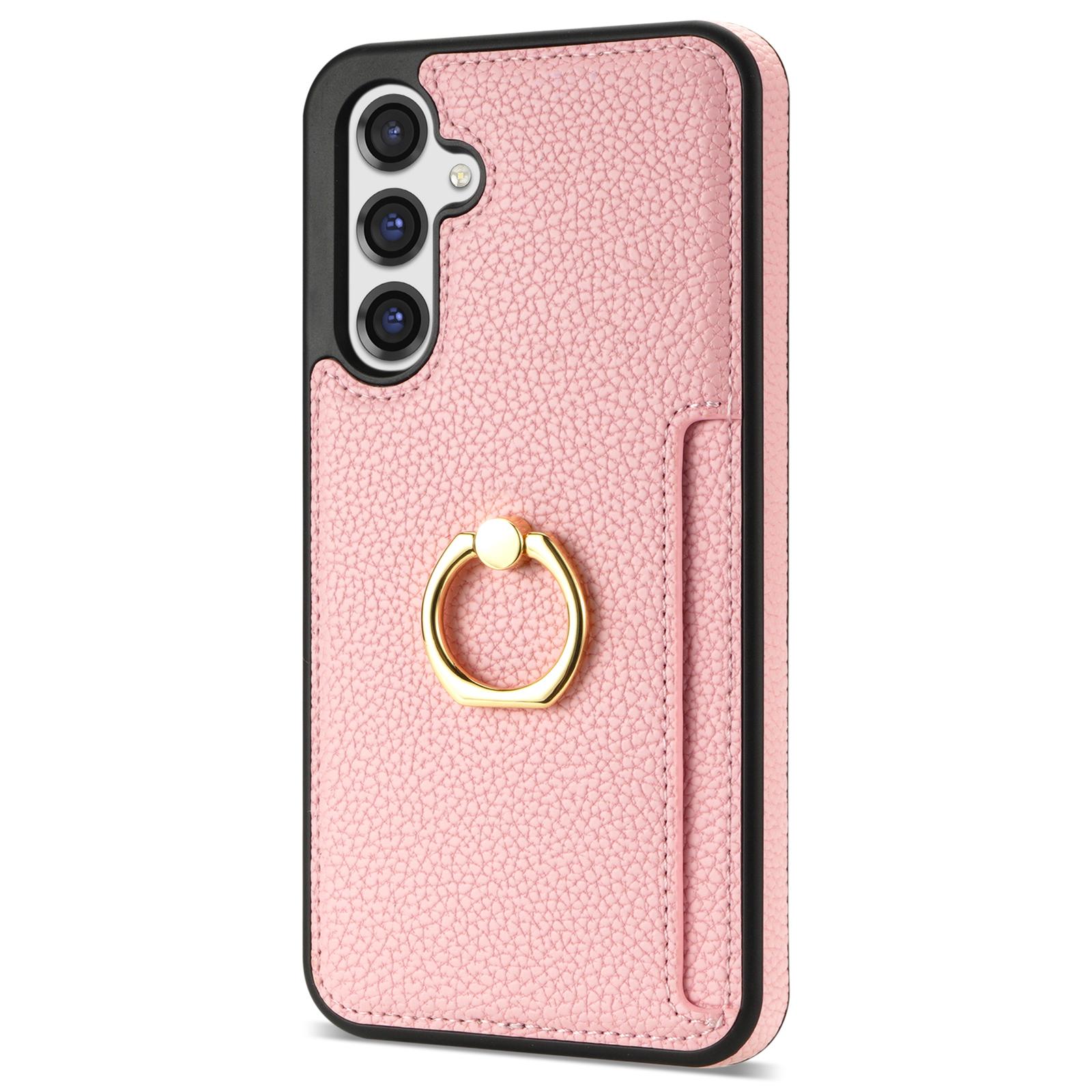 

Для Samsung Galaxy S24 FE Case Ring Kickstand PU+TPU Card Holder Phone Cover Pink