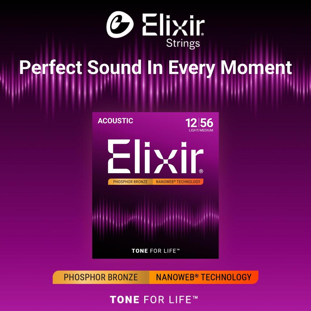 ELIXIR NANOWEB Phosphor Bronze Acoustic Guitar Strings, Light Medium, .012-.056, #16077 [Official Japanese Product]