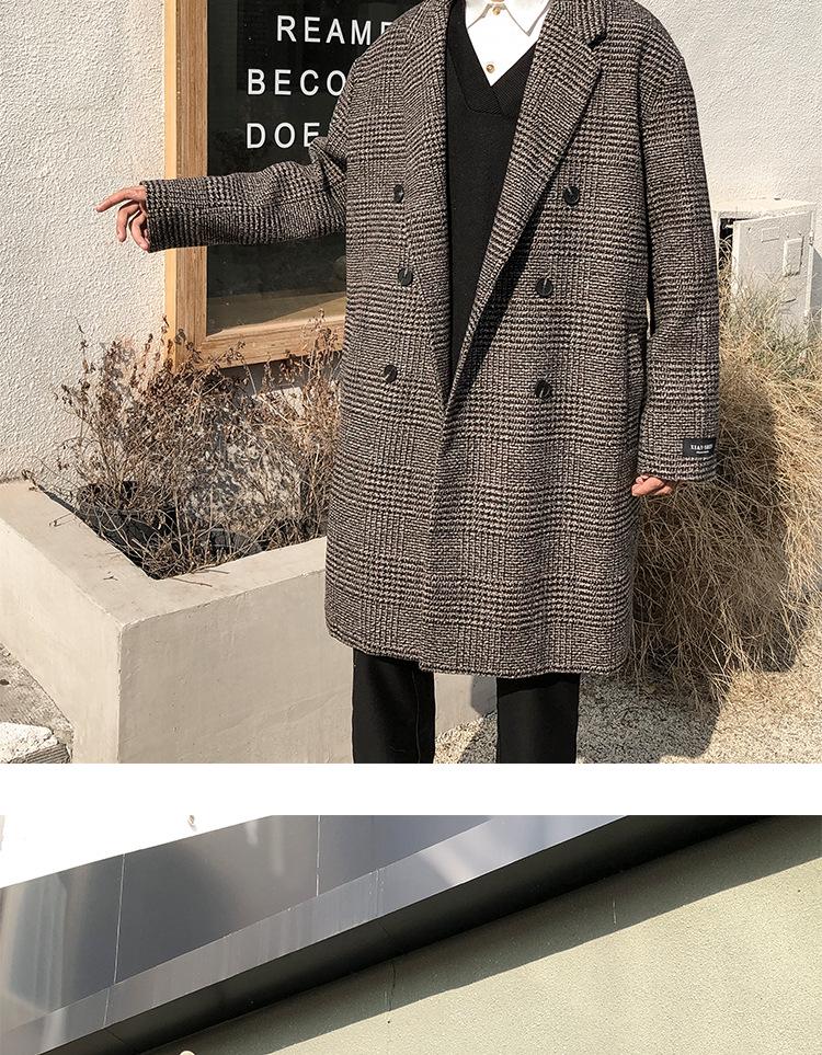 Men's Trendy Double-Breasted Plaid Wool Coat - Autumn/Winter Korean Style, Large Size Hong Kong Fashion