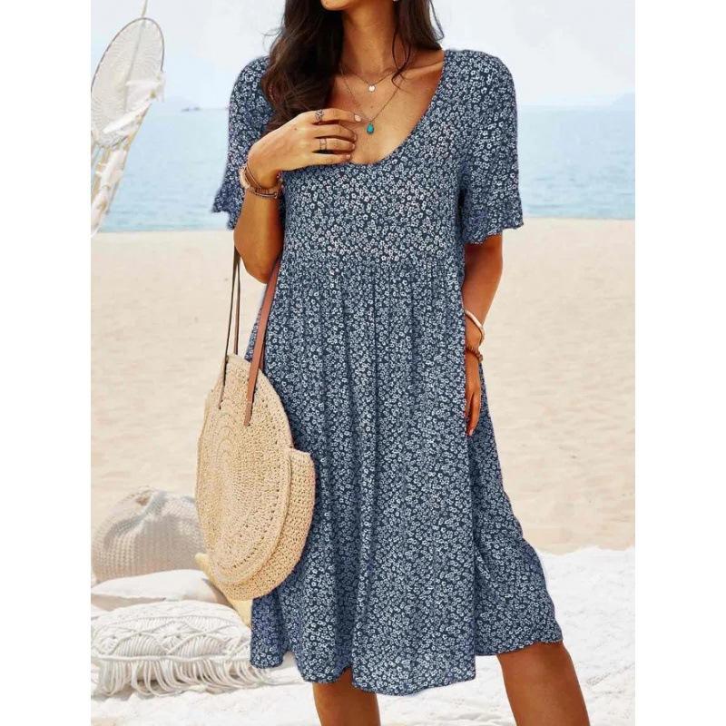 Pullover print long medium and long urban casual retro women's short-sleeved dress