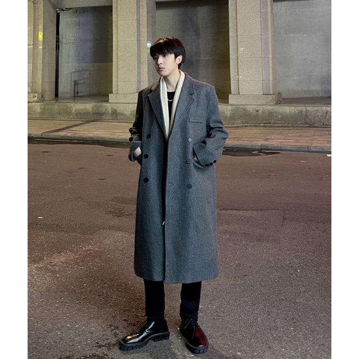 Men's Mid-Length Korean Style Wool Trench Coat - Autumn/Winter, Thickened, Over-the-Knee, Loose Fit