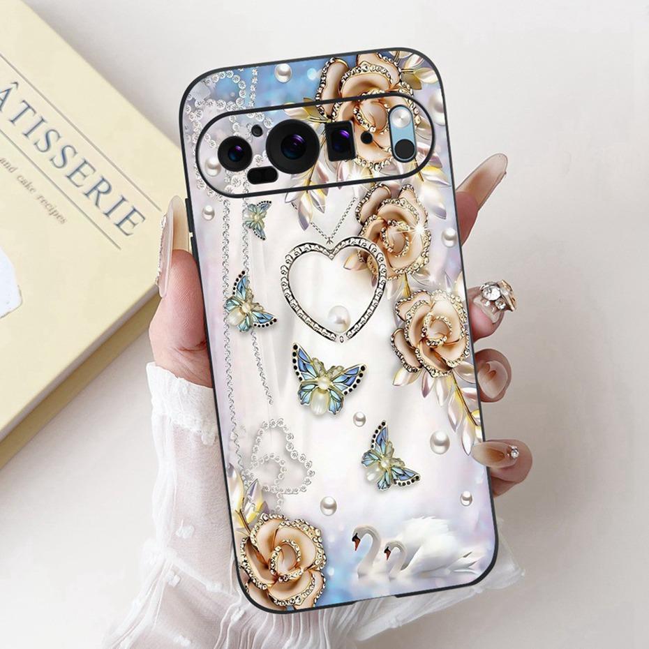 Beautiful Floral Painting Phone Case For Google Pixel 9 Pro 9A Black Silicone Soft Cover For Google Pixel9 9A 9Pro Cases Bumpers