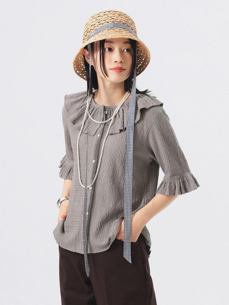 Beams Boy Tee Jacquard Ruffle Gathered Short Sleeve FREE S/S Women's LT.GREY