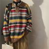 "Men's Retro Japanese Rainbow Striped Knit Pullover - Loose Fit, Lazy Style, Spring Sweater Top"