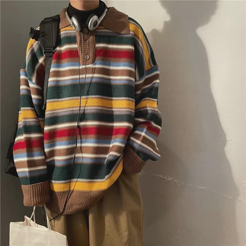 "Men's Retro Japanese Rainbow Striped Knit Pullover - Loose Fit, Lazy Style, Spring Sweater Top"