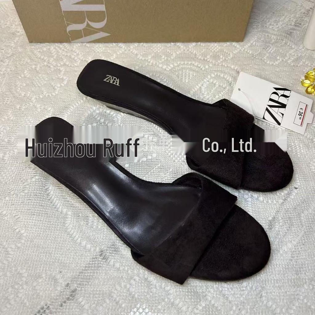 2025 Black Suede Leopard Wedge Heels with Thick Sole - Comfortable Outdoor Fashion Shoes