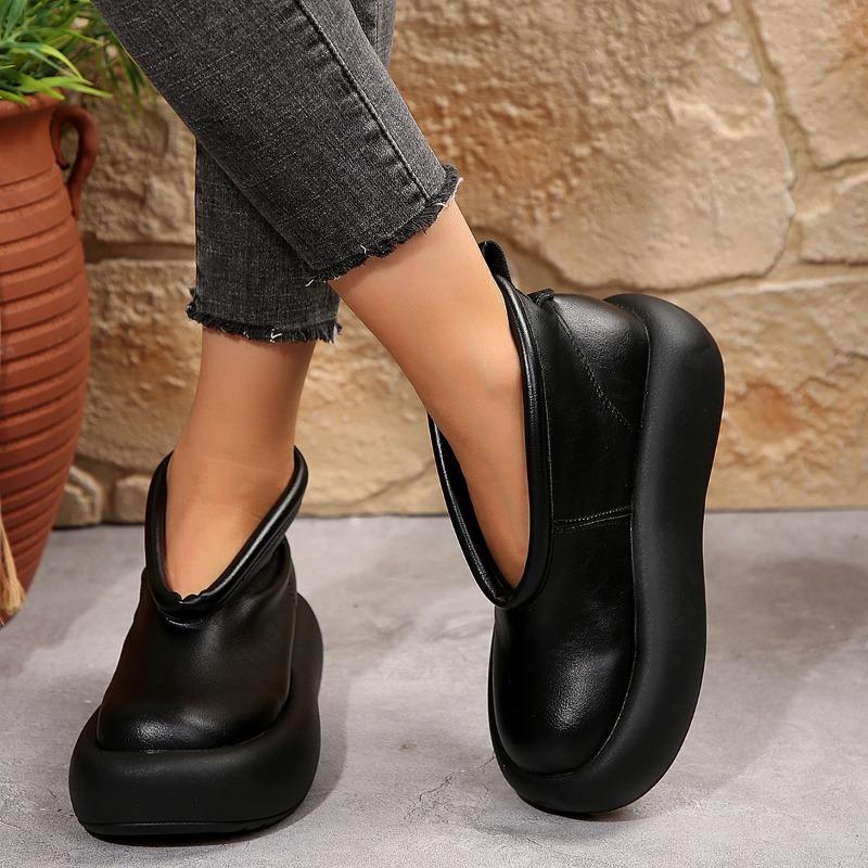 Fashion Retro Leather Booties Women's New Ethnic Style Big Round Toe Platform Casual Comfortable Non-slip Platform Shoes