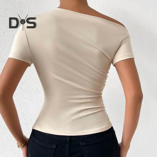 Damen Sommer T-Shirt Schrägkragen Kurzarm Slim Fit T-Shirt Einfarbig Seitlich Raffen Pullover Tops