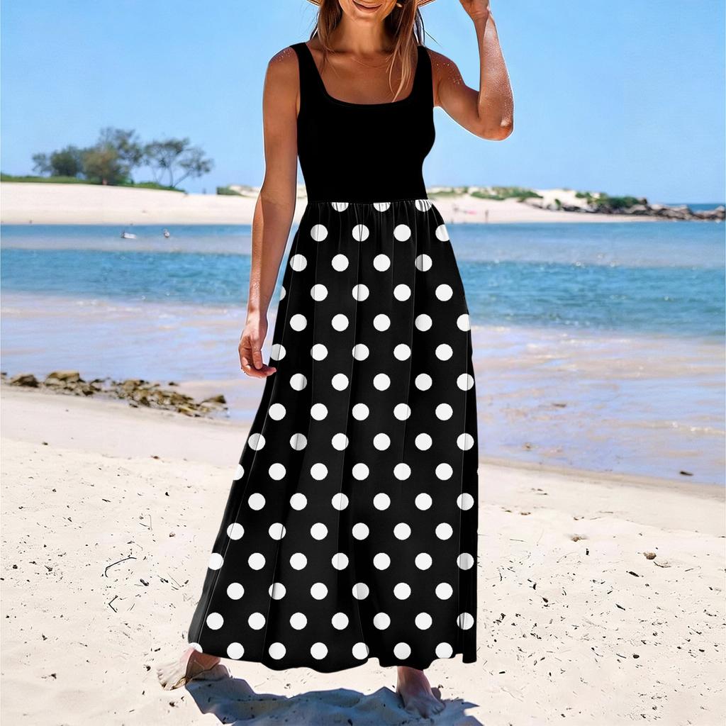 Damen Sommerkleid mit Polka-Dot-Print, lässig und modisch, ärmellos, lang
