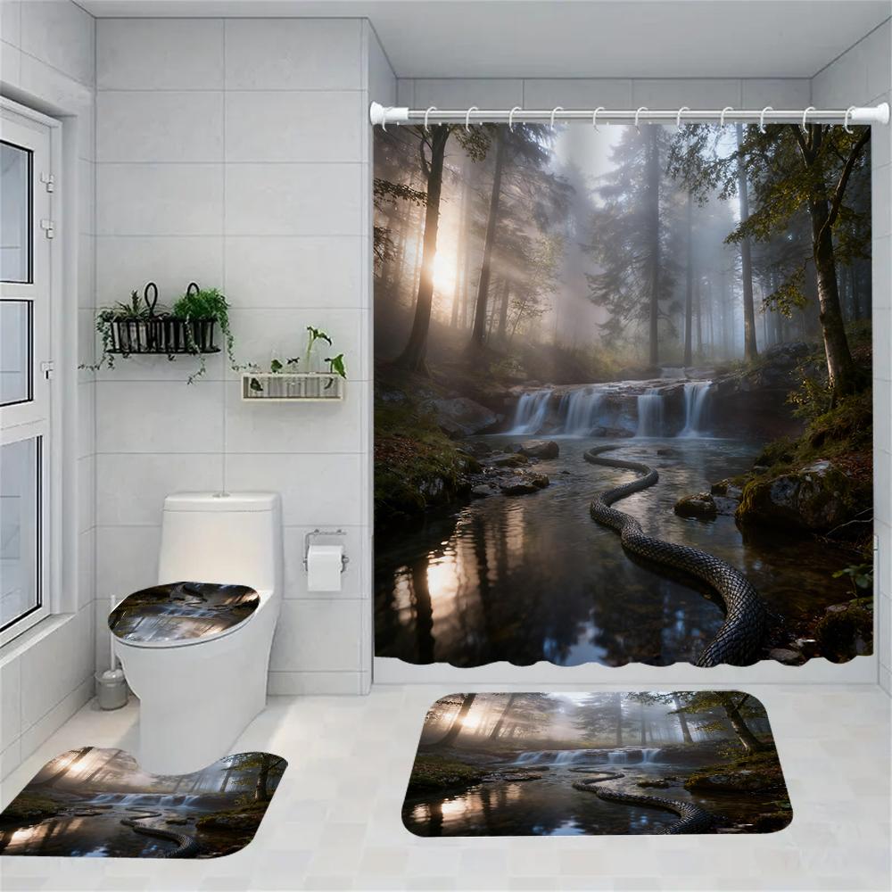 1/4 Forest Waterfalls  Print Shower Curtains, Toilet Seat Decoration, Shower Curtain with Carpet and Toilet Lid, 70.8x70.8 Inch