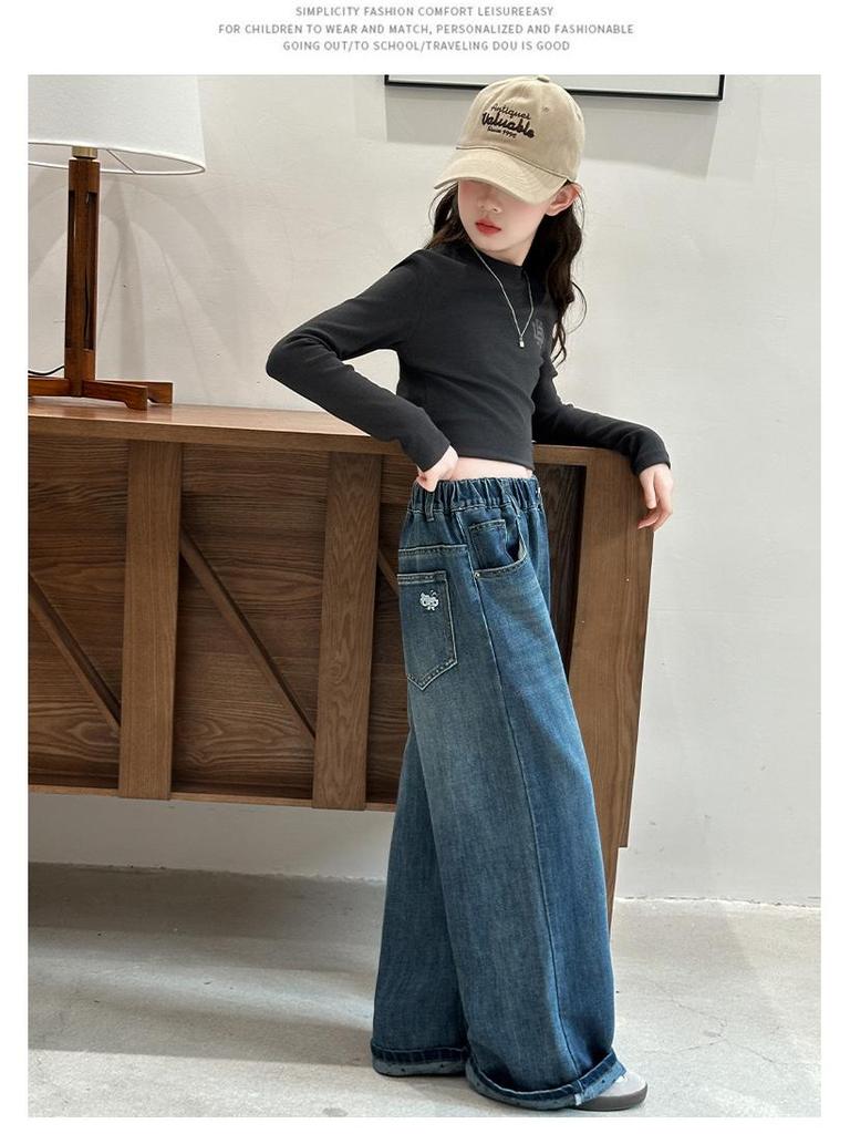 2025 Girls' Trendy Denim Wide-Leg Pants - Spring/Autumn Style, Long Straight-Leg for Big Girls