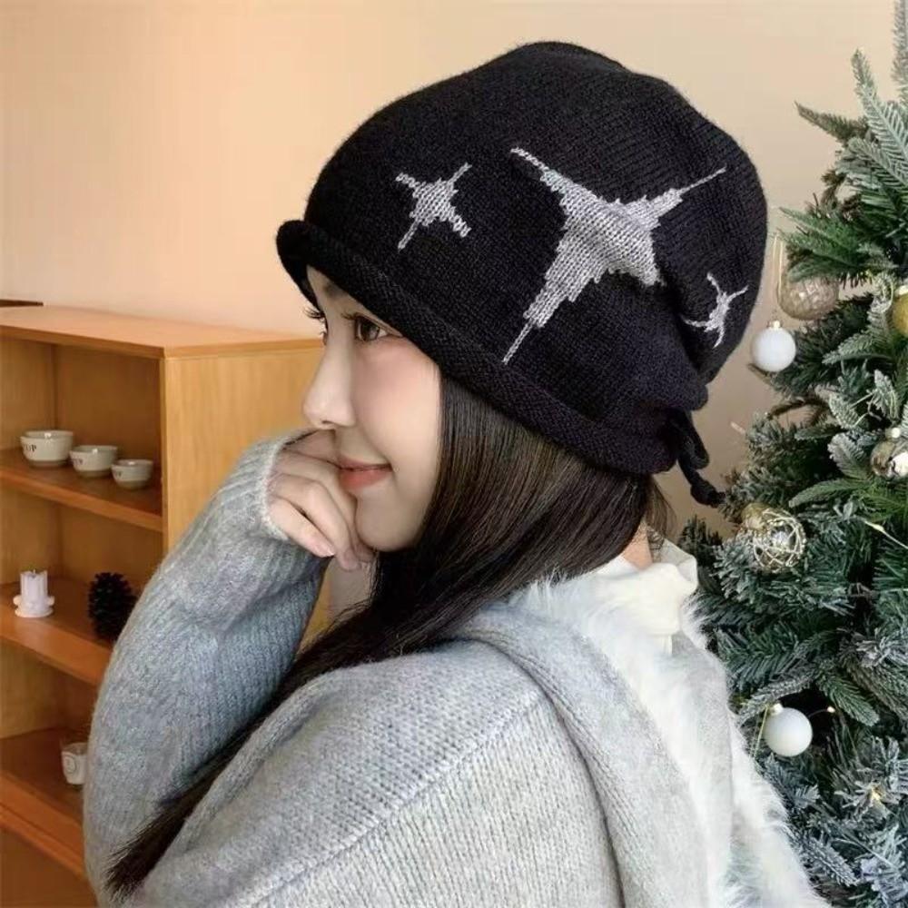 Fashion Star Pattern Knitted Woolen Hat Thickened Windproof Cover Head Cap Keep Warm Cold-proof Drawstring Beanie Cap Women