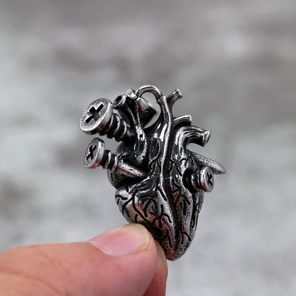 Vintage Stainless Steel Men's Screw Heart Pendant Gothic Punk Necklace