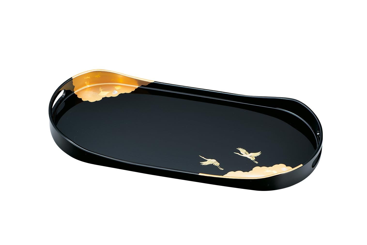 

Nakatani Brothers Yamanaka Lacquerware Coffee Tray (Oval) Gold and Silver Leaf Maki-e Black with Shokaku Design 37-4409