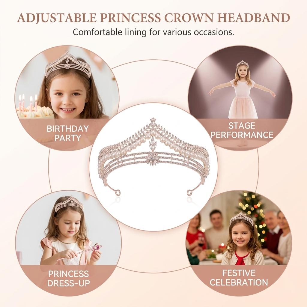 Children Pearl Crown Headband for Girls Birthday Performance Alloy Frame with Imitation Pearls and Silicone-Lining