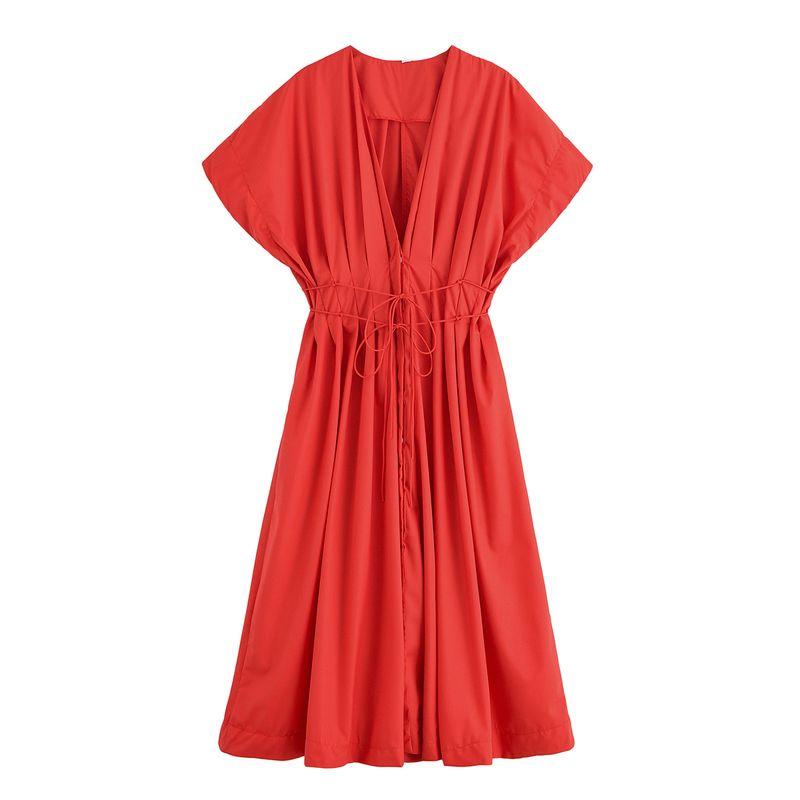 

Kaslead New Arrival Women s Clothing Fashion Style Fashion Pleated Draped Shoulder Short Sleeve Midi Skirt Dress 2965260 Red L